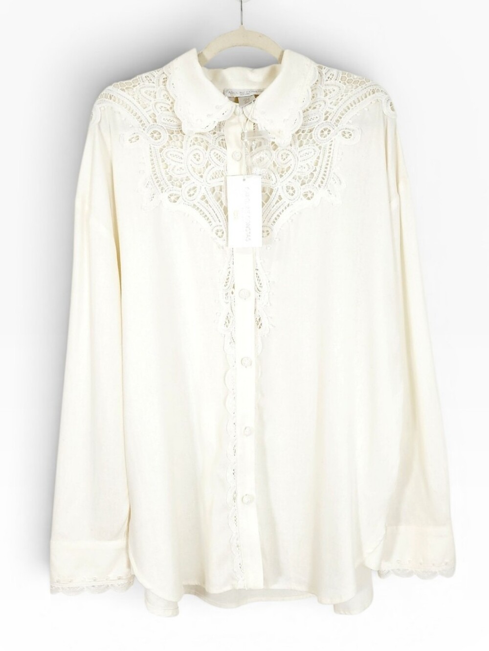 NWT CAROLINE CONSTAS Battenburg Lace Linen Blend Button Down Shirt XL Ivory - Picture 2 of 11